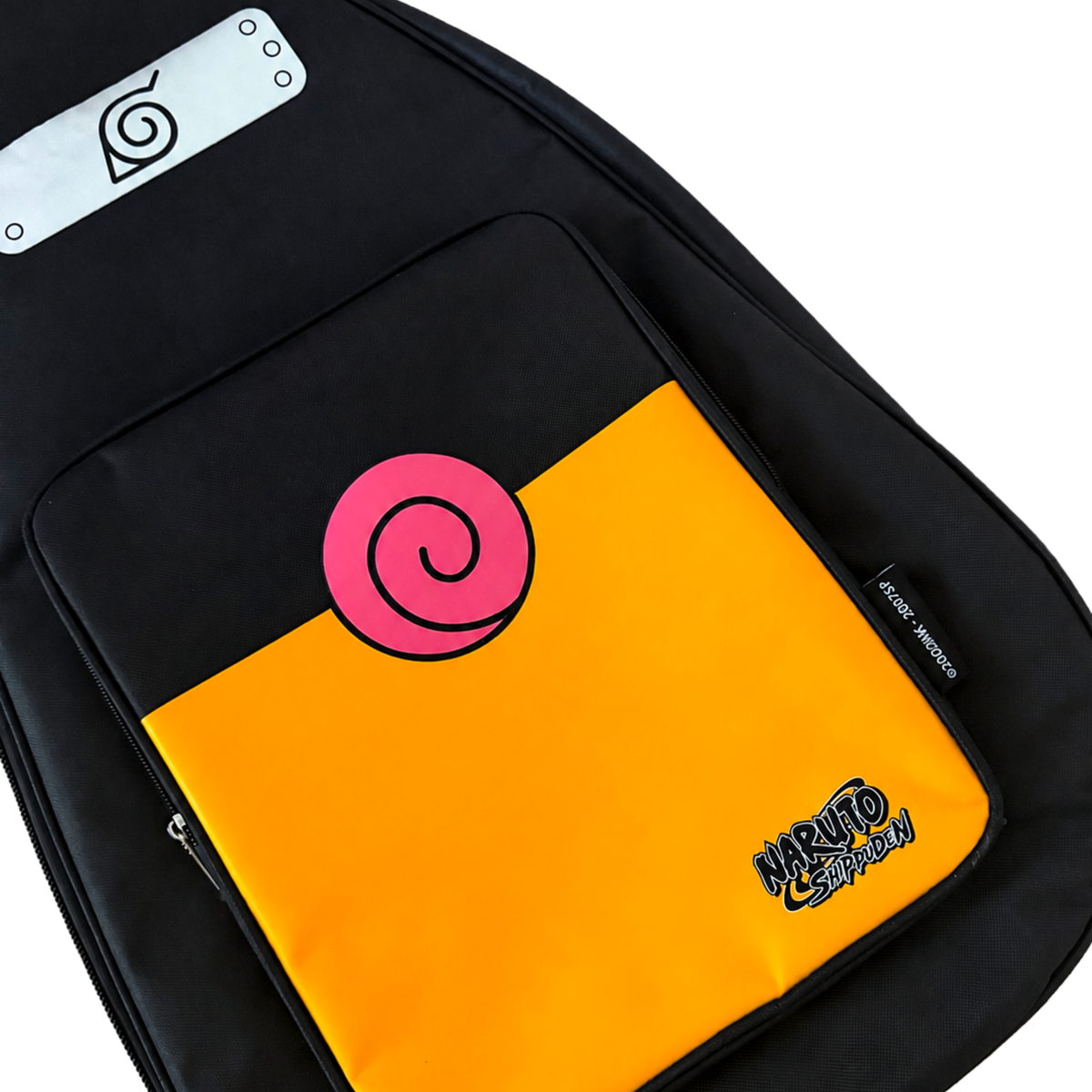 Close-up of the gig bag front pocket, with a design inspired by Naruto’s jacket