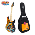Officially licensed orange Naruto Shippuden Rasengan electric guitar with Naruto and his Rasengan across the body, the Uzumaki spiral on the upper bout, his name in kanji down the neck, and the matching gig bag inspired by Naruto’s jacket