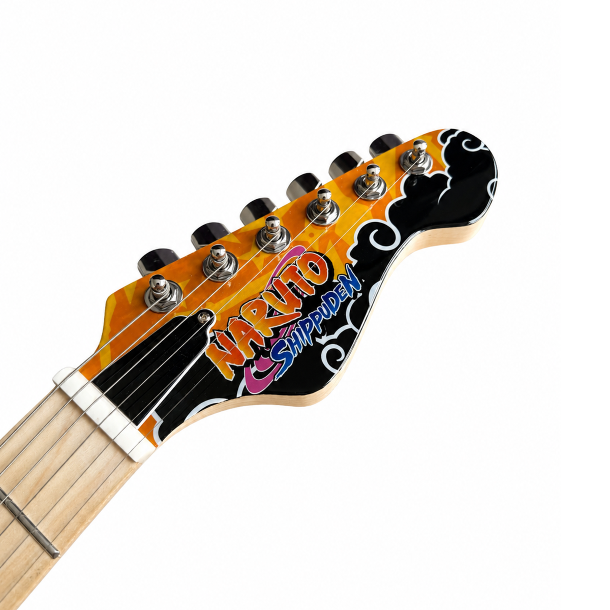 Classic six-in-line headstock of the Naruto Shippuden Rasengan electric guitar, showing the Naruto Shippuden logo