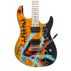 Officially licensed Naruto Shippuden Rasengan electric guitar body, front view, in orange with Naruto and his Rasengan, the Uzumaki spiral on the upper bout, and a lighter orange kunai pattern across the whole body