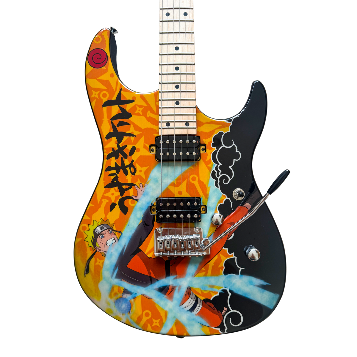 Officially licensed Naruto Shippuden Rasengan electric guitar body, front view, in orange with Naruto and his Rasengan, the Uzumaki spiral on the upper bout, and a lighter orange kunai pattern across the whole body